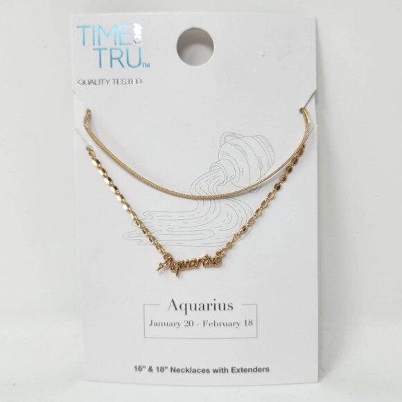 Time and Tru Aquarius Zodiac Necklace Set 16" & 18" Gold Tone With Extenders - Picture 1 of 7